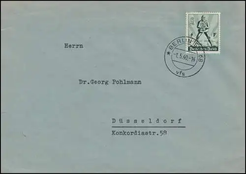 745 Journée du Travail 1er mai comme EF sur lettre BERLIN 1.5.40 - Rare datation!