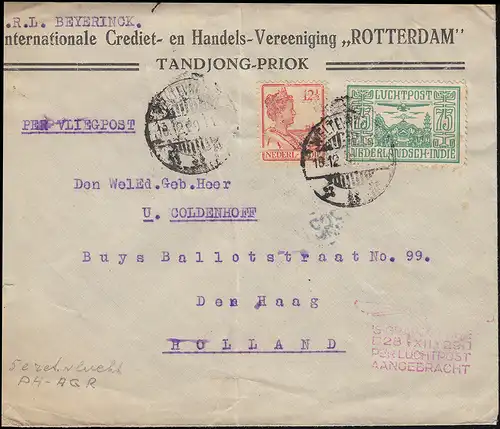 Poste aérienne Pays-Bas-Inde - NL avec cachet de bord S'GRAVENHAGE 28.12.29 n. La Haye