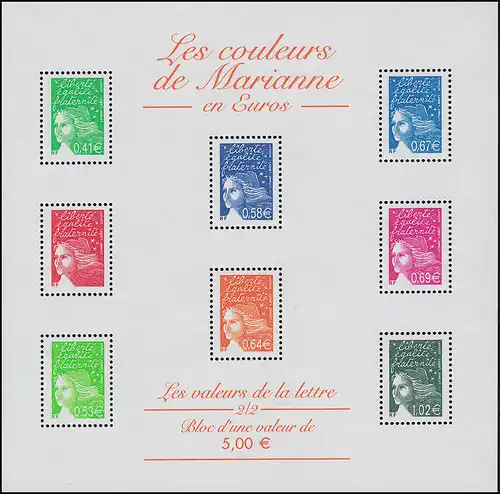 3557-3592 Marques libres Marianne Luquet 2002, petit arc de 8 valeurs **