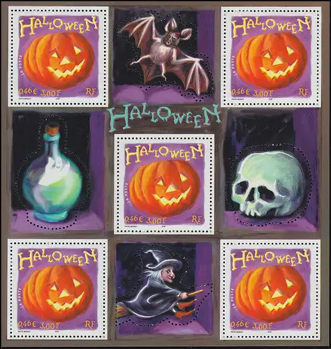 3567 Halloween Tête de citrouille Sorcière Chauve-Souris fantômes - Petit arc à 5 timbres **