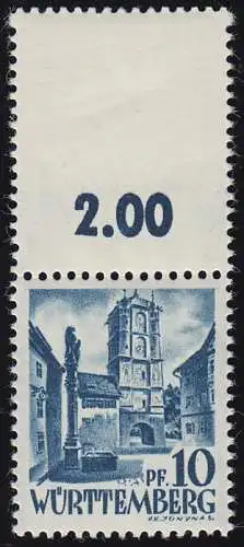 3LF Freimarke 10 Pf mit komplettem Oberrand-Markenfeld, gefaltet **