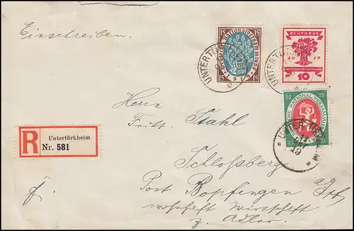 102 Germania im 12er-Block mit 107-109 Weimar R-Brief UNTERTÜRKHEIM 11.10.1919