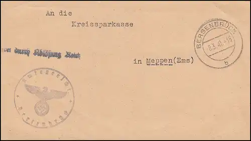 Lettre de service Libre par remplacement Reich Désendettement Office de la dette de BERSENBRÜCK 8.3.1941