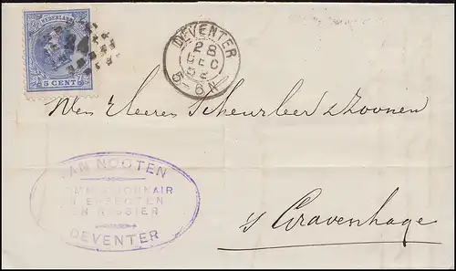 19 Roi Guillaume 5 cents Lettre EF numéro 24 DEVENTER 28.12.1882 après s'Gravenhage