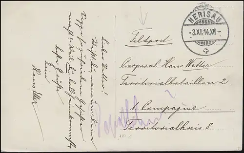 Schweiz Feldpost HERISAU 3.11.1914 an Territorialbataillon 2 auf AK Familienfoto