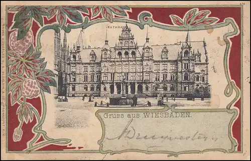55 Germania auf Ansichtskarte Gruss aus Wiesbaden Rathaus WIESBADEN 28.6.1901