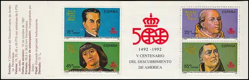 Espagne, cahiers des marques 9, découverte de l'Amérique 1991, ** post-fraude / MNH