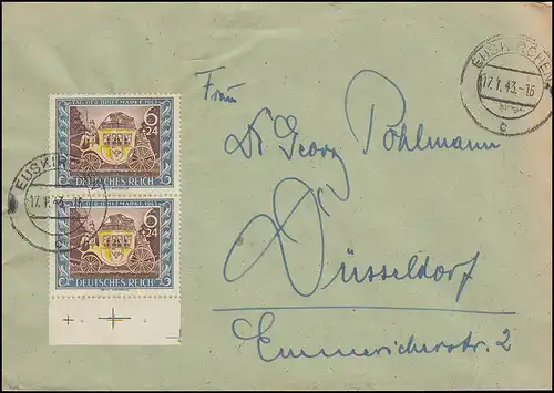828 Tag der Briefmarke senkr. UR-Paar mit Passerkreuz Brief EUSKIRCHEN 17.1.43