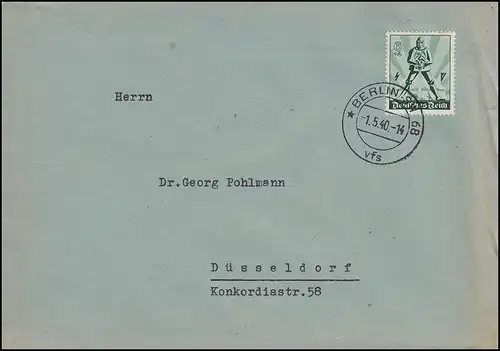 745 Jour du Travail 1er mai sur lettre BERLIN SW 68 - 1.5.40 - rare datation!