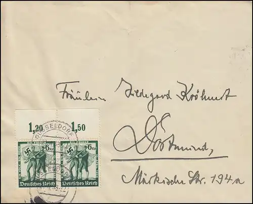 662 Volksabstimmung als Oberrand-Paar MeF Brief DÜSSELDORF 21.4.1938 n. Dortmund