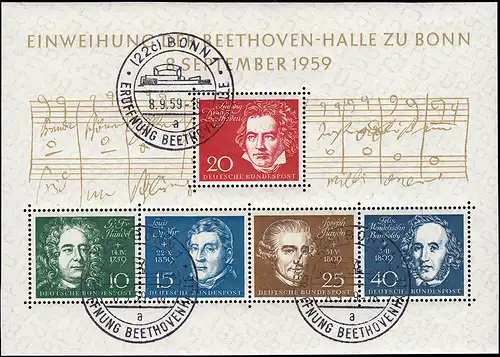 Bloc 2 Beethovenhalle 1959, Esst Bonn, 3x lettre a, examiné SCHLEGE BPP