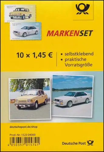 FB 76 Automobile Wartburg & Audi quattro, feuille de 5x3378-3379, **