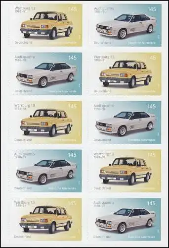 FB 76 Automobile Wartburg & Audi quattro, feuille de 5x3378-3379, **