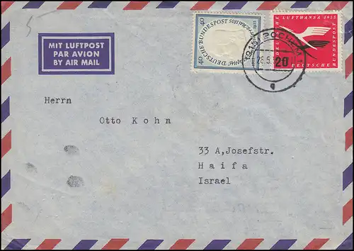 208 Lufthansa et 210 Schiller, lettre étrangère de Bochum 28.5.55 à HAIFA 31.5.53