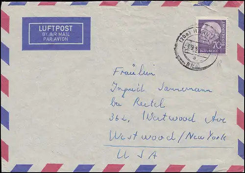 263xR Heuss 70 Pf als EF auf Auslands-Brief HANNOVER 3.9.61 nach Westwood / USA