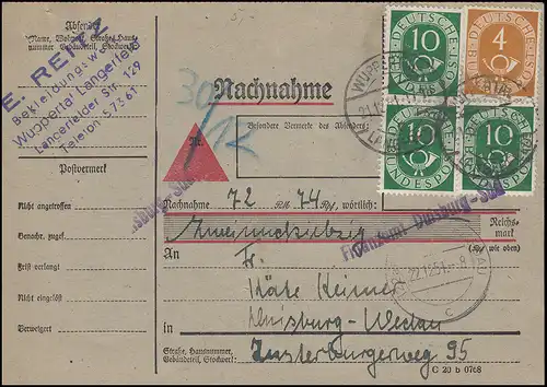 124+128 Posthorn-MiF sur carte d'acceptation WUPPERTAL-LANGENFELD 21.12.51