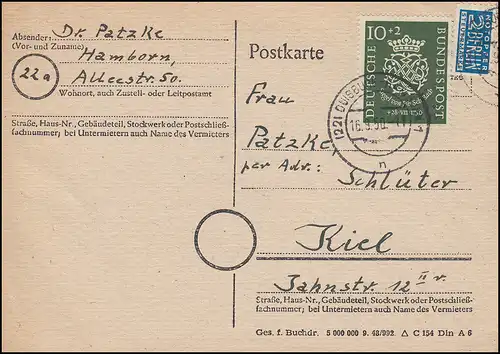 121 Bach 10 Pf mit Notopfer portogerechte EF Postkarte DUISBURG-HAMBORN 16.9.50