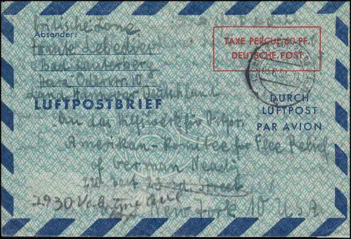 Lettre postale aérienne LF 4 à 60 p. Cadre de valeur 45,5 mm de long, BAD LAUTERBERG 3.6.50