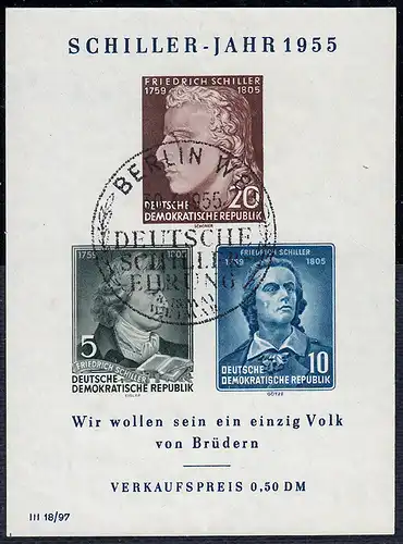 Block 12 X I Schiller-Jahr 1955 mit PLF X: Serife des W verlängert, ESSt Berlin