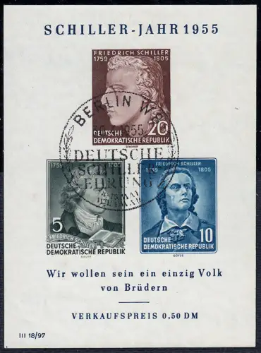 Block 12 X I Schiller-Jahr 1955 mit PLF X Serife des W verlängert, ESSt Berlin
