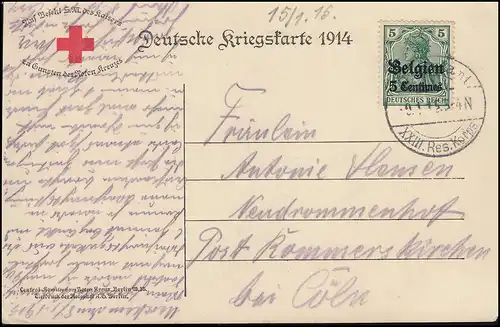 Belgique 2 Germania sur Croix-Rouge - AK Kaiser Wilhelm Feldpostamt 9.1.15