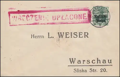 Deutsche Post in Polen 2 Germania auf Brief WARSCHAU - mit Stadtpostmarke 2 