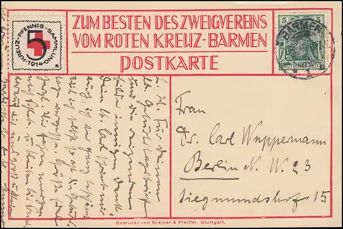 Rotes Kreuz Spendenmarke mit Germania 10 Pf auf Propaganda-AK BARMEN 1915
