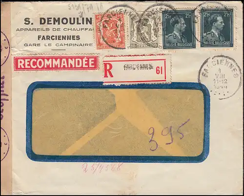 Belgien Zensur-R-Brief FARCIENNES 1.8.1944 Wappen-Leopold-MiF nach TEGELEN 11.8.