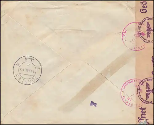 Belgien Zensur-R-Brief FARCIENNES 1.8.1944 Wappen-Leopold-MiF nach TEGELEN 11.8.