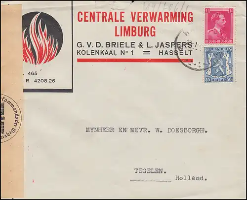 Belgique Lettre de censure HASSELT 13.1.1944 avec 422+581 armoiries-Leopold-MiF n. Tegelen