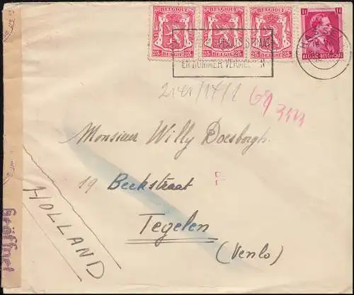 Belgique Lettre de censure de HASSELT 28.12.[41?) 419 Armoiries-Leopold-MiF n. Tegelen