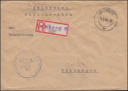 Poste de terrain 47599 R-Lettre Not-R-Zettel LEMBERG 2 - 15.3.43 vers GÖTTINGEN 15.3.43