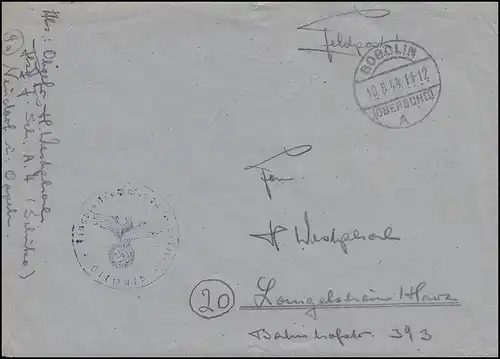 Feldpost Fliegerhorst Neudorf-Oppeln Brief von GOGOLIN / OBERSCHL. 10.6.1944 