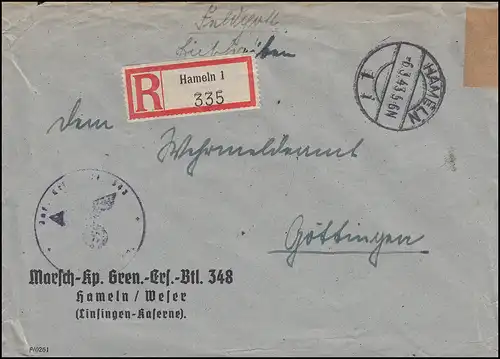 Feldpost Lingsingen-Kaserne R-Brief HAMELN 6.3.43 nach GÖTTINGEN 7.3.43