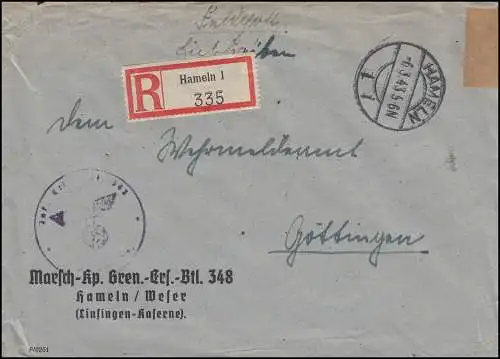 Poste de terrain Lingsingen-Caserne R-Lettre HAMELN 6.3.43 vers GÖTTINGEN 7.3.42