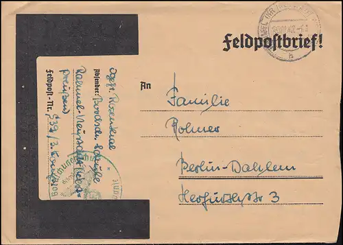 Feldpost Bordschützenschule RAHMEL KR. NEUSTADT WESTPR. 23.11.43 nach Berlin