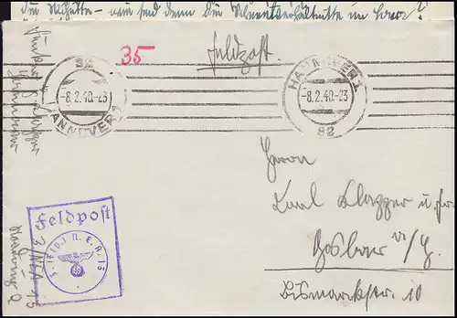 Feldpost Briefstempel 3. (Flp.) N.E.A. 13 Brief HANNOVER 8.2.40