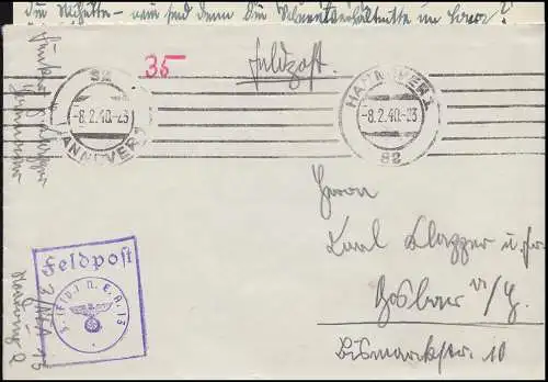 Lettre de courrier de champ 3 (Flp.) N.E.A. 13 Lettre HANNOVER 8.2.40