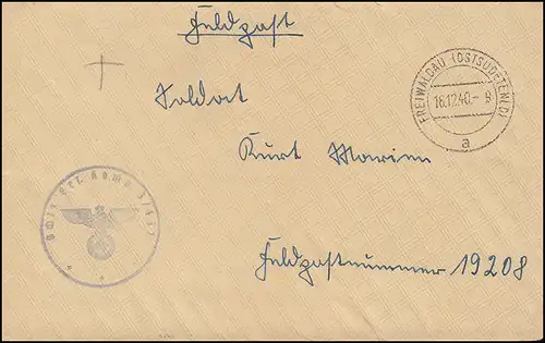 Feldpost Schützen-Ersatz-Komp. 3/451 Brief FREIWALDAU (OSTSUDETENLD.) 16.12.40