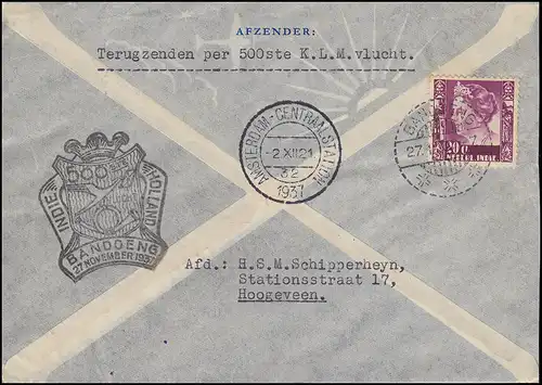 Flugpost 500. Flug NL nach Bandoeng NL-Indien am 13.11.1937 Brief und zurück
