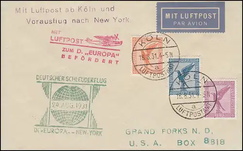 Katapultpost S.S. EUROPA - NEW YORK 24.8.1931 mit Luftpost zum Dampfer, Hab. 65a