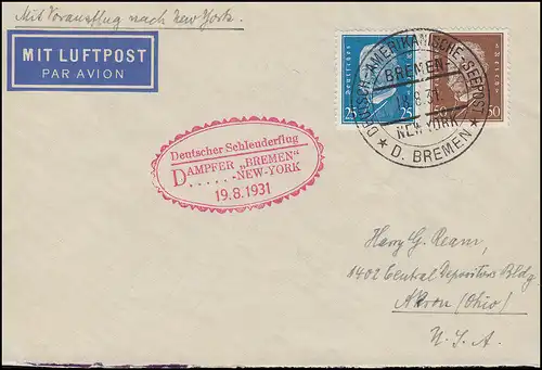 Katapultpost S.S. BREMEN - NEW YORK 19.8.1931, Seepost - Haberer 64b