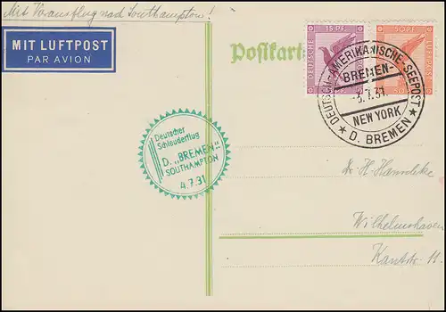 Katapultpost S.S.BREMEN - SOUTHAMPTON 4.7.1931, Seepost - Haberer 53c