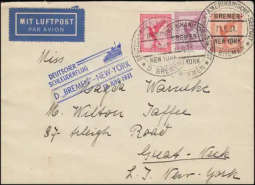 Katapultpost S.S. BREMEN - NEW YORK 18.6.1931, mit Seepost 11.6.31