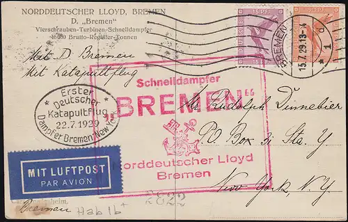 Katapultpost 1. Katapultflug S.S. BREMEN - NEW YORK 22.7.1929 auf AK - Hab. 1b