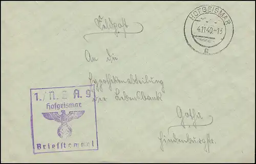 Feldpost Nachrichtenersatzabteilung N.E.A. 9, Brief HOFGEISMAR 4.11.40