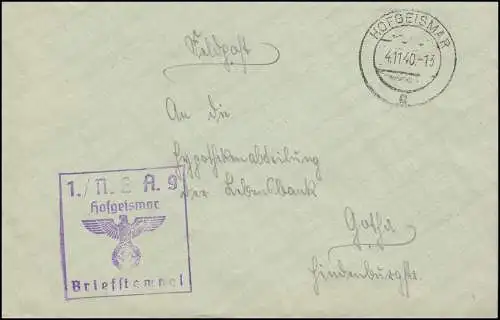 Poste de terrain Service de remplacement N.E.A. 9, lettre HOFGEISMAR 4.11.40