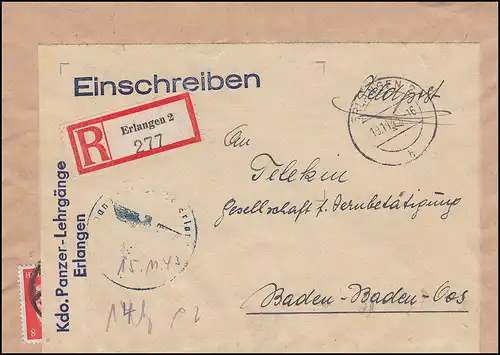 Feldpost Kdo. Panzer-Lehrgänge R-Brief ERLANGEN 19.11.43 nach Baden-Baden 20.11.