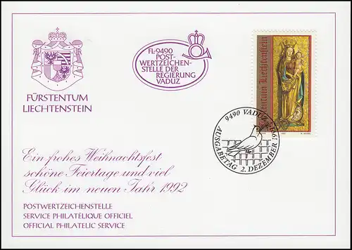 Liechtenstein 1028 Noël - Carte de vœux pour la fin de l'année 1992