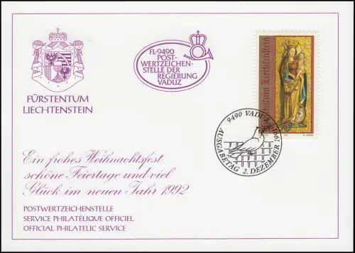 Liechtenstein 1028 Noël - Carte de vœux pour la fin de l'année 1992
